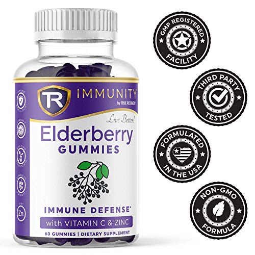True Recovery Immune Support Elderberry Gummies with Vitamin C and Zinc - Immune System Booster - Antioxidant Flavonoids, Black Elderberry for Adults and Kids in 60 Delicious Gummies