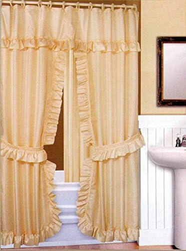 DOUBLE SWAG FABRIC SHOWER CURTAIN, LINER, RINGS, DOBBY DOT DESIGN (Beige)