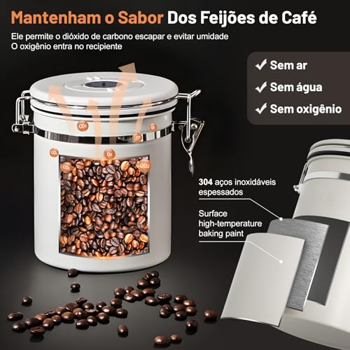 Pote Cafe Hermetico Inox Grãos Café Chá Açúcar Farinha Cereais Pote Armazenamento Cafe Vasilha Café com Colher para Escritórios Domésticos e Assim Por Diante Recipiente Café Aço Inoxidável 2,8L