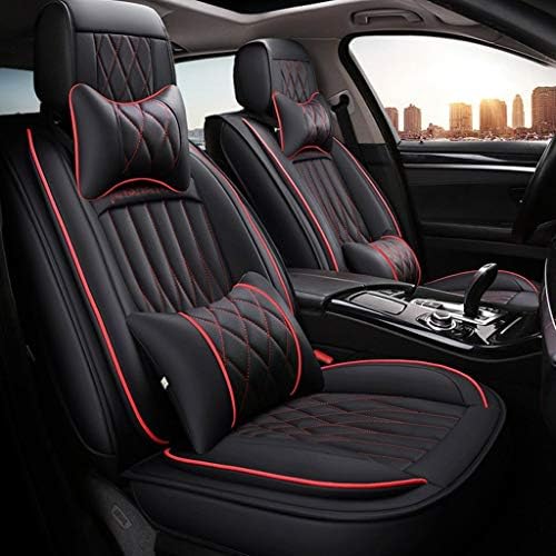 Car Seat Cover, Front and Rear 5 Seats Full Set of Universal Leather Four Seasons Pad Compatible Airbag Seat Cover (Color : Black red)