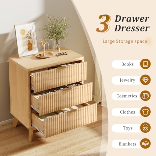 LYNCOHOME Fluted Nightstand, Bedside Table with Storage, Tall Night Stand with Drawers for Bedroom, Nature