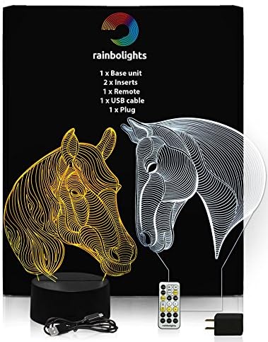 Girls Night Light- 3D Illusion Lamp- 7 Color- 2 Different Horse Designs in 1 Box- with Remote and Cable and Mains Plug- LED LAMP Does NOT GET HOT- A Great Toddler Girl Gifts by rainbolights