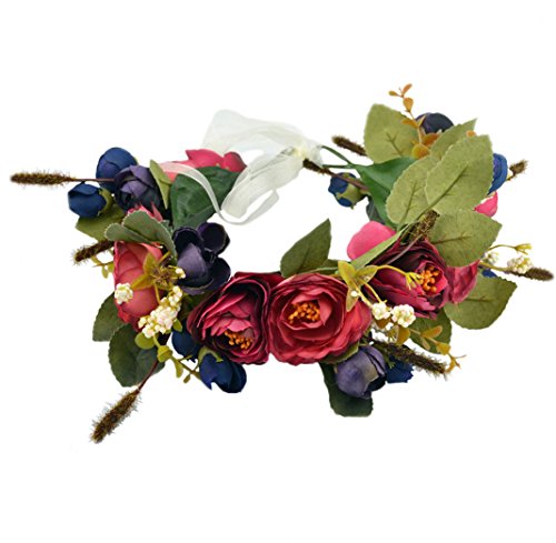 Floral Crown Wreath Flower Garland Headband Hair Wreath Hair Garland Flower Halo Floral Headpiece Boho with Ribbon Party Wedding Festival Blue, One Size — image 1
