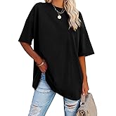 Larmliss Women's Oversized T Shirts Round Neck Striped Tees Summer Half Sleeve Casual Comfy Cozy Cotton Tunic Tops