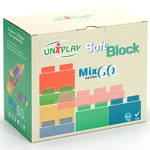 UNiPLAY Soft Building Blocks - Mix Series (60pcs). Educational and Creative Toys, Food Grade Material(antibacterial), Non-Toxic, BPA FREE, 100% SAFE for Kids, Toddlers, Baby, Preschoolers