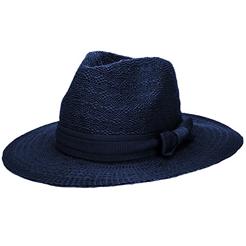 Aerusi Women's Straw Sun Hat Fedora Trilby Panama Jazz Hat with Bow Band (Blue)