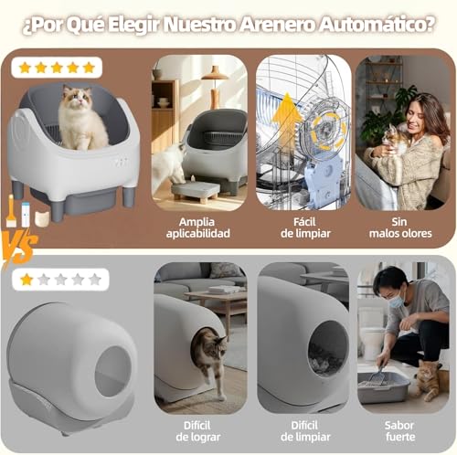 KONITILL Arenero para Gato Autolimpiable con Tapa Abierta y Control por App para Múltiples Gatos - Sensores de Seguridad, Control de Olores - Incluye 2 Bolsas Desechables, Bandeja de Desechos Grande