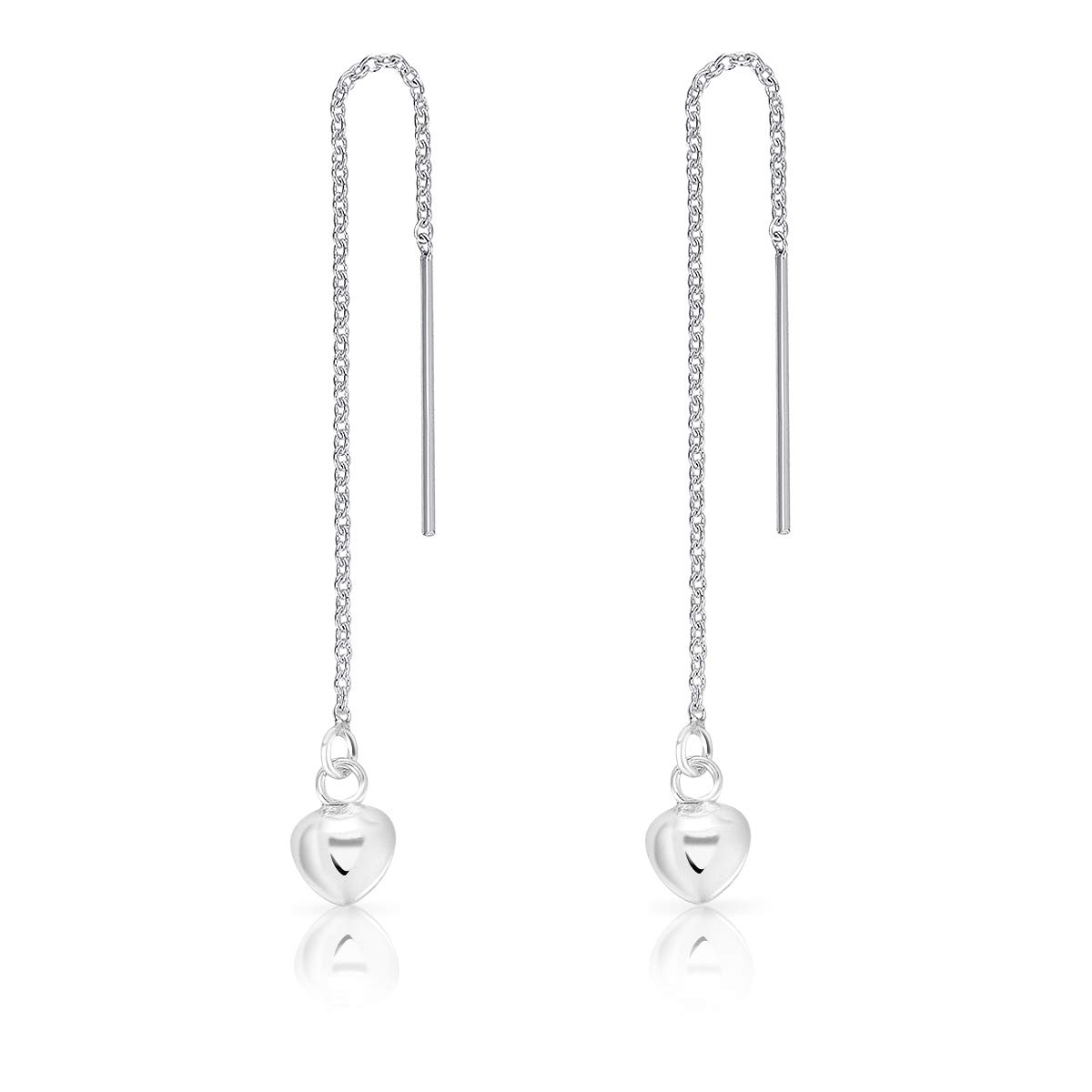DTPsilver® 925 Sterling Silver Plated Pull Through/Thread Style Drop Chain Earrings and Small Puffed Heart - Length: 73 mm - Heart Dimension: 6 x 5 mm