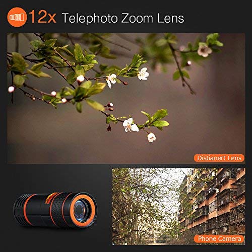 Cell Phone Camera Lens Kit,6 in 1 Universal 12x Zoom Telephoto Lens+0.62x Wide Angle &20x Macro Lenses+235° Fisheye Lens +Starburst Lens +CPL + Phone Holder + Tripod for iPhone X/8/7/6/6s plus Samsung Android & Most Smartphone