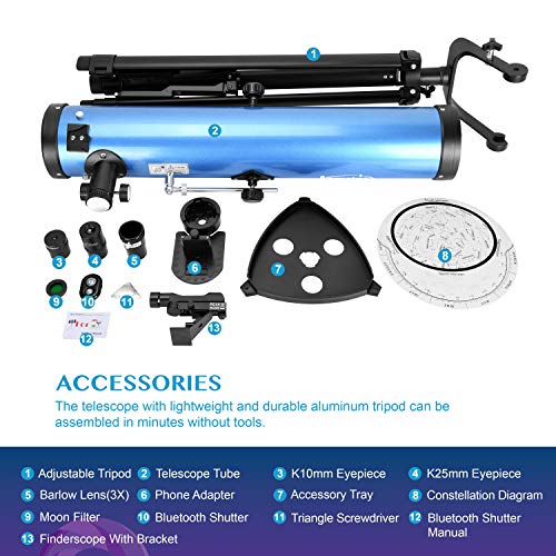 Aomekie Spiegelteleskop 76/700 Reflektor Teleskop Astronomie mit Bluetooth Handy Adapter Stativ Mondfilter und 3X Barlow – Bild 8