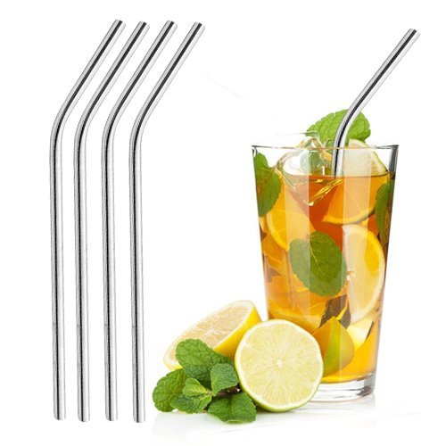 Stainless Steel Straws | Eco-friendly, Reusable Metal drinking straw | Pack of 4 | Free Cleaning Brush | (Slim and Angled)