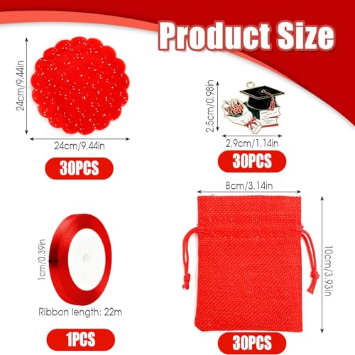 30 Pieces Fabric Gift Bags with 30 Pieces Graduation Hat Pendant Jute Bags Drawstring for Graduation Party Red