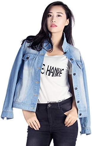 Womens Fashion Denim Jacket Juniors Loose Casual Boyfriend Style With Light Blue Water Washed (XL)
