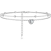 Silvora 925 Sterling Silver Birthstone Ankle Bracelet for Women - Adjustable Double-Layer Sparkling Heart Zircon Anklet Beach Jewelry for Summer