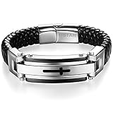 Ostan Men's Leather Stainless Steel Bracelet Braided Religious Cross Cuff Bangle Rope Black