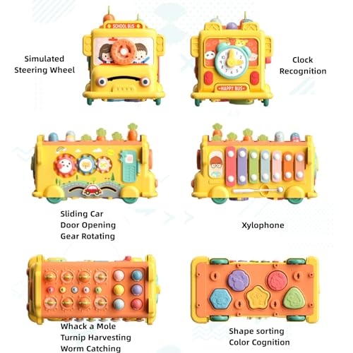 AM ANNA 12-in-1 Montessori Toy for 1-3 Year Old Baby Boys Girls - Hammering Pounding Harvest School Bus With Gears, Teaching Clock, Fishing Game and Color Matching - Gift for Kids