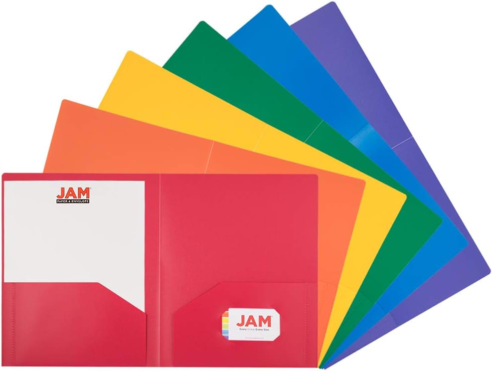 JAM PAPER Heavy Duty Plastic 2 Pocket School Folders - Assorted Primary Colors - 6/Pack : Office Products