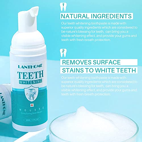 LANTHOME WHITE FOAM TEETH WHITENING PRODUCTS-TOOTH WHITENING MOUSSE, EASY TO USE TEETH WHITENER FOAM FOR WHITE TEETH,FRESHENS BREATH, WHITENS TEETH & FIGHTS BAD BREATH 50ML