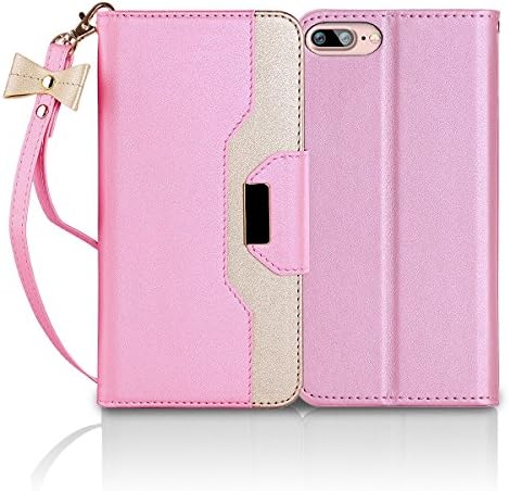 iPhone 7 Plus Wallet Case , OLVOO Wallet Flip Card Case for Apple iPhone 7 Plus 5.5", with Card Slots and Mirror, Stylish Slim Stand Case for 5.5 Inch iPhone 7 Plus (Pink+Gold)