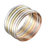 Castillna Set of 7 Tri-Color Silver / Gold / Rose Gold Stainless Steel Bangle Bracelet