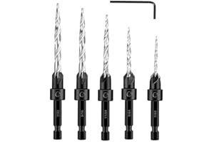Valkynos 5-Piece Countersink Drill Bit Set for Wood Working, #4-12, 1/4' Hex Shank, Includes Allen Wrench