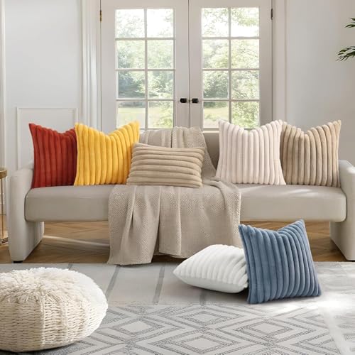 decorUhome Faux Fur Cushion Covers 45x45 cm Set of 2, Decorative Soft Plush Striped Neutral Pillow case 18X18 Inch with Velvet Back for Sofa, Bed, Living Room Home Decor, Cream White