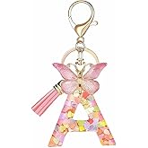 HUASANG initial butterfly keychains for Women Birthday Christmas Gift Cute Resin Tassel Bling Keyring for Backpack Charms Bag