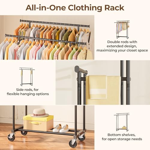 HYSEYY Double Rods Clothing Rack, Rolling Clothes Rack, Metal Garment Rack with 4 Lockable Wheels & Storage Shelf, Sturdy Coat Rack for Bedroom, Laundry, Living Room - 160H x 113W x 42D cm (Black)