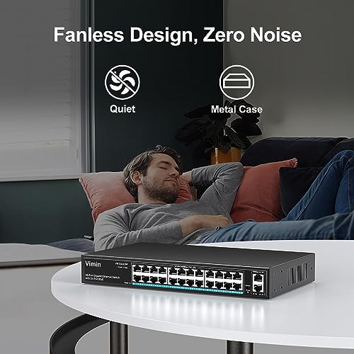 VIMIN 24 Port Gigabit PoE Switch with 2 Gigabit Uplink Port, 26 Port Unmanaged PoE Ethernet Switch with 320W Power, IEEE802.3af/at Compatible, VLAN, Metal Housing