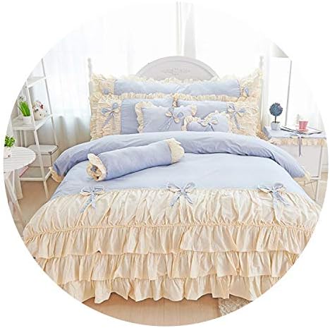 100Expectations Bedspreads Cotton Pink Purple King Queen Twin Single Double Size Girls Bedding Set Ruffles Korean Bed Set bedsheet Set Duvet Cover,Color 3,King Size 7Pcs