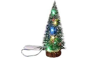 Ochine Pre-lit Small Christmas Tree Miniature Pine Trees Sisal Trees Mini Xmas Tree Mini Pine Tree Multi-Color LED Lights Tabletop Christmas Tree with Wooden Base for Christmas Decorations