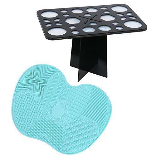 LYNN Silicone Makeup Brush Cleaning Mat, Makeup Brush Cleaner,Makeup Brush Cleaner Pad,Cosmetic Brush Cleaning Mat Portable Washing Tool Scrubber with Suction Cup (Green Pad with Brush Holder)