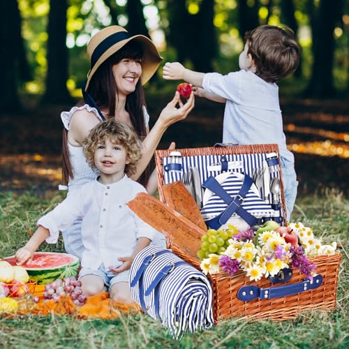 4 Person Picnic Basket, Wicker Picnic Set with Waterproof Picnic Blanket and Cutlery Set, Picnic Basket for Camping, Blue