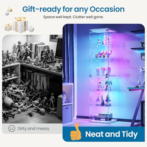 Dystler Glass Display Case RGB Lights 6-Tier Curio Cabinet for Collectibles | Press-open 360° Tempered Glass Doors, 12 RGB Modes & Motion Sensor Auto-Light, Key Lock — Smart Figures Corner Display Case