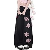 Kawaii Cat's Claw High Waisted Wide Leg Jeans for Women Y2K Harajuku Fashion Denim Pants with Patchwork Design