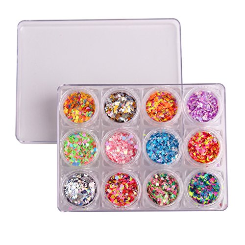 WOKOTO 12 Jars Multi-shape Nail Art Sequins Glitter Powder Mix Color Stars Shape Heart Shape Crescent Shape Colourful Nail Manicure Nail Art Decorations Paillette