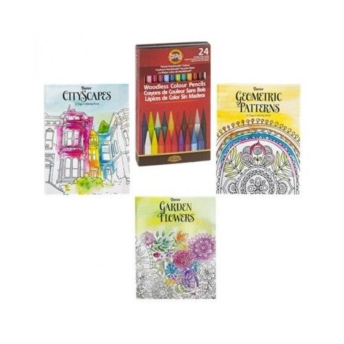 Adult Coloring Book Set of 3 Multipack and 24 Pack Woodless Color Pencils