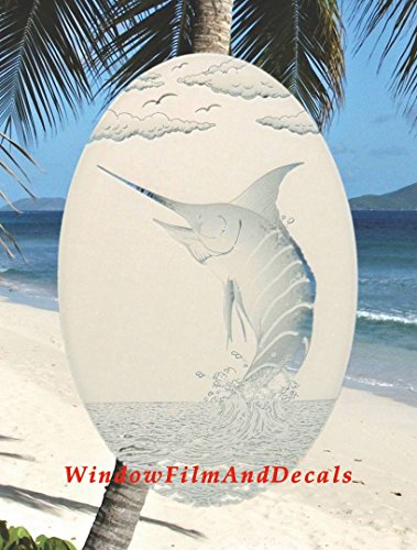 Oval Marlin Etched Window Decal Vinyl Glass Cling - White with Clear Design Elements (15" x 23")