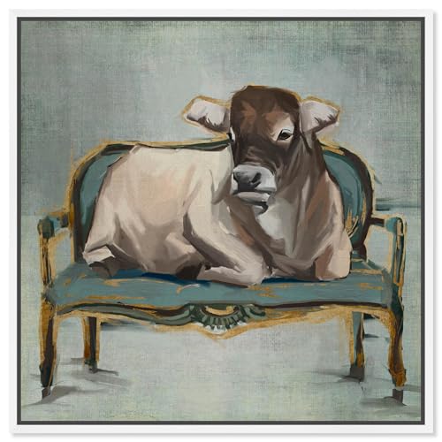 Country Farmhouse Canvas Print Painting Animal Wall Art 'Majestic Cow' White Fr…