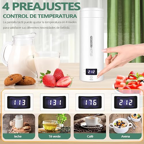 Hervidor de Agua Electrico Portatil,500ML Termo Electrico,Control de Temperatura NTC y Puede Guisar,Adecuado para viajes, oficina, camping, preparación de té y café.