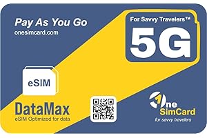 OneSimCard DataMax 5g, LTE eSIM Card for use in 200+ Countries & Territories. Mobile Data for as Little as 0.003USD per MB, Low Cost Voice & SMS with 1SIM VoIP