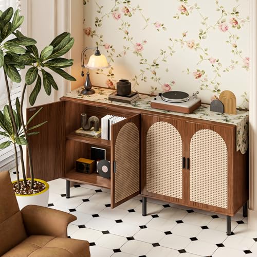 Simple Wisdom Alacenas para Cocina 1.2 M,Bufetera Mueble con 4 Puertas,Credenza Bufetera con 4 Puertas de Ratán Natural,para Cocina, Comedor, Sala de Estar. (Color Nogal)