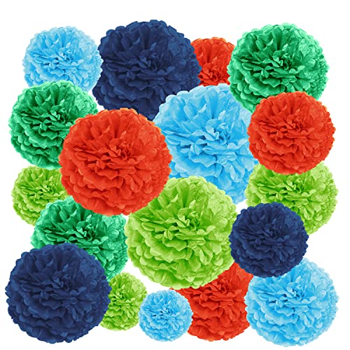 EpiqueOne 20-Piece Tissue Paper Pom Poms Party Decorations Kit - Orange, Blue, Teal, Green & Light Green | Different Sizes - 6