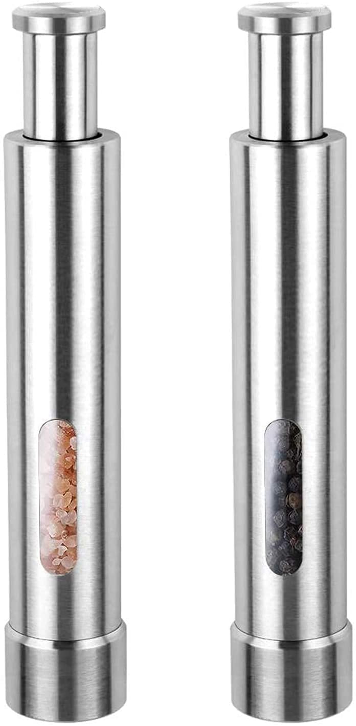 Cute Stainless Steel Pepper Mills with One Hand Stands Mini Thumb Push for Peppercorns, Sea Salt, Spices, Table Seasoning Grinders (M2)