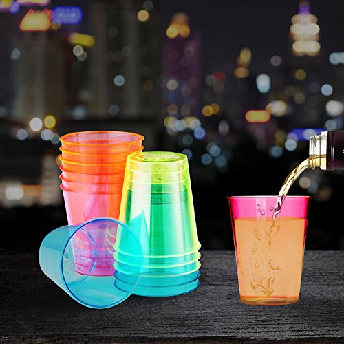 150 Colourful Disposable Neon Shot Glasses, Glow in the Dark Cups, Volume 30ml (1 Ounce) - Size - diameter 3.9 x 4 (H) cm