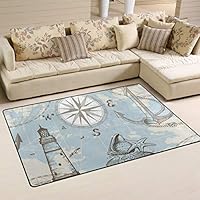 FOLPPLY Vintage Nautical Anchor Lighthouse Compass Area Rug, Non-Slip Carpet Floor Mats for Indoor Outdoor Front Door Bathroom Home Decor, 3