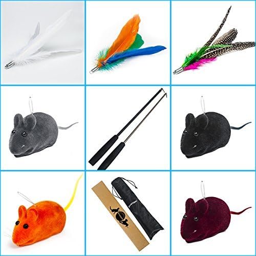 11in1 Cat Feather Teaser Toys Retractable Wand with Catnip Mice Refills Catcher for Fun Pet Kitten