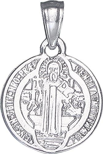 Sterling Silver Saint Benedict Medal Charm Small Pendant Necklace with Chain (With 18" Sterling Silver Rolo Chain)