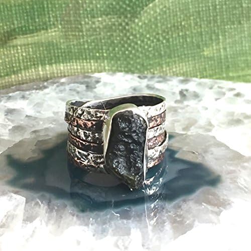 Sz 9, Natural CZECH MOLDAVITE Tektite Gemstone, 925 Sterling Silver, 2-Tone Fashion Ring Jewellery.