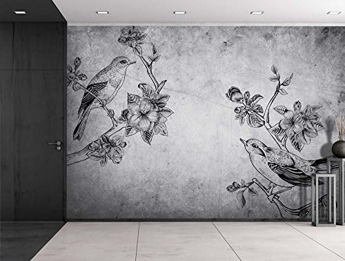 wall26Birds and Branches Sitting on a Grayscale Grungy Texture with a Vignette Effect Around It - Wall Mural, Removable Vinyl Wallpaper, Home Decor - 66x96 inches